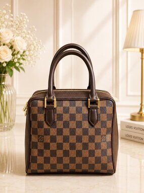 Authentic Louis Vuitton Brera Damier Ebene Brown Leather Satchel Handbag PM
